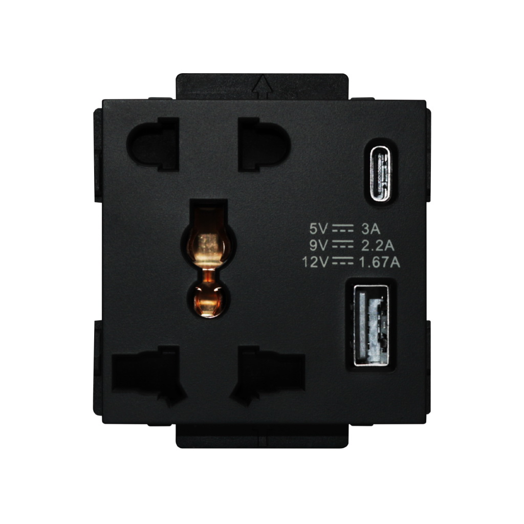 Click/Sirius 13A,220V  Universal socket with  2USB(C+A) 5 Pin (fast charge)  Black