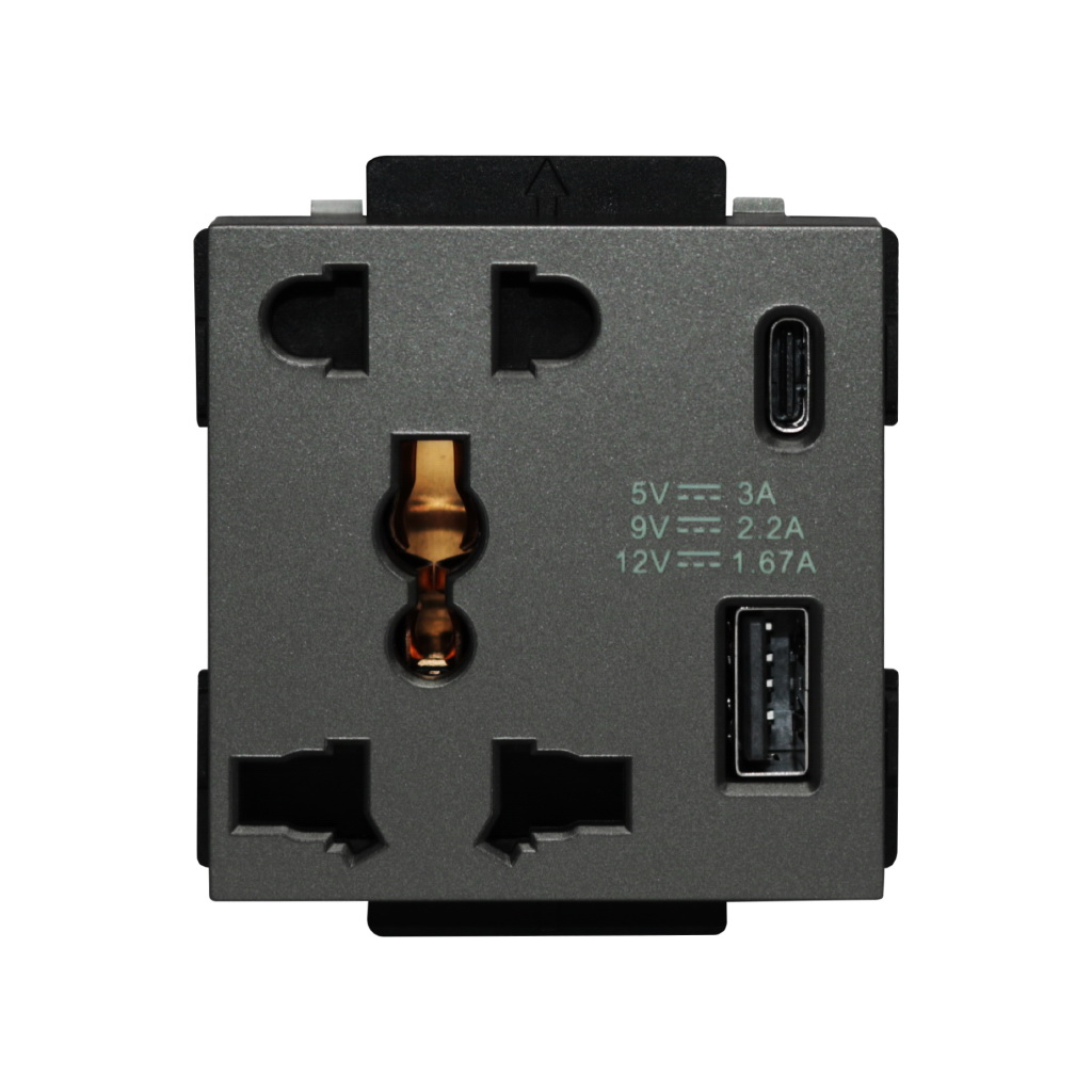 Click/Sirius 13A,220V Universal socket with 2USB(C+A) 5 Pin (fast charge) Gray
