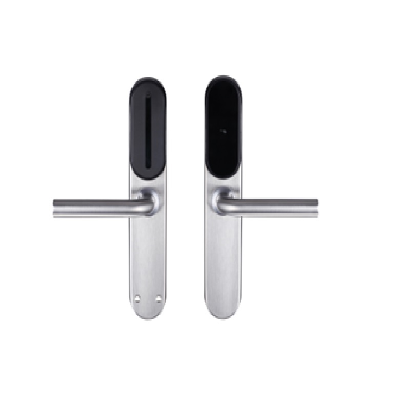 Mifare hotel card lock, proximity IP65 Water proof Solid 304# stainless steel panel and handle handle/handle collar/cylinder cover Black oxidation finish treatment Work with Europe mortise 4585/5572 etc Work with AAA alkaline battery Emergency key for backup use 300,000 times life test Offline system for management