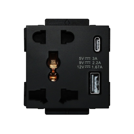 [CLK-UNV-USBCA-BLK] Click/Sirius 13A,220V Universal socket with 2USB(C+A) 5 Pin (fast charge) Black