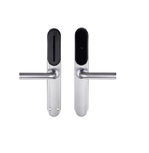 [TIS-K710R-SLV] Mifare hotel card lock, proximity IP65 Water proof Solid 304# stainless steel panel and handle handle/handle collar/cylinder cover Black oxidation finish treatment Work with Europe mortise 4585/5572 etc Work with AAA alkaline battery Emergency key for backup use 300,000 times life test Offline system for management